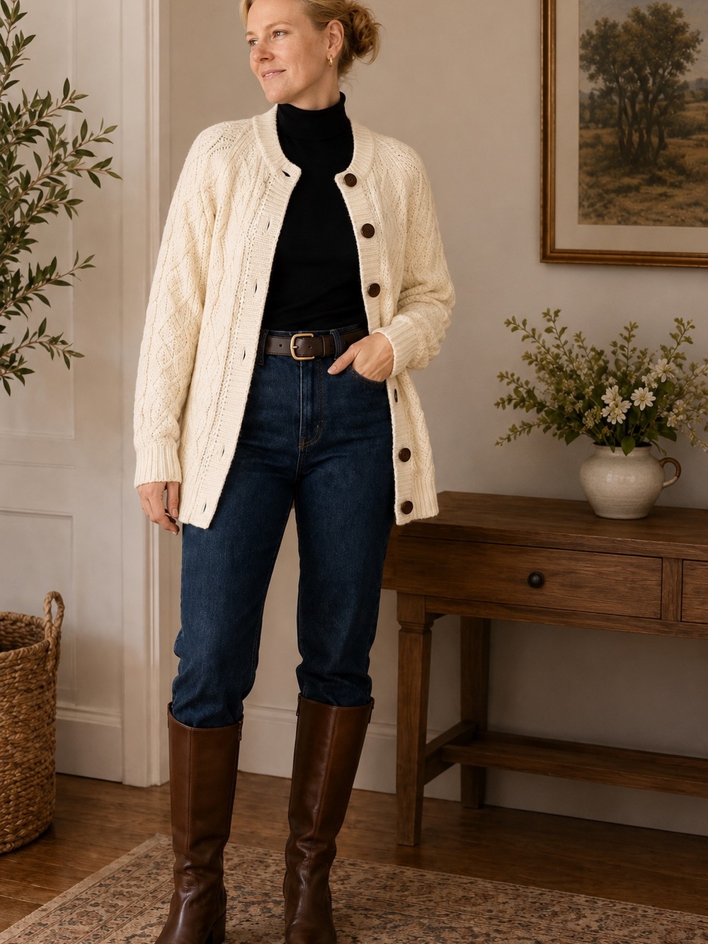 Vintage Cream Cable Knit Cardigan – Chunky Knit, Button Front L/XL